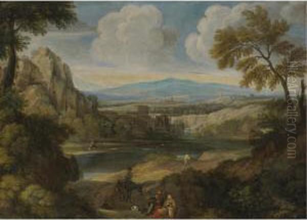 Extensive Italianate Landscape With Peasants In The Foreground Oil Painting by Gaspard Dughet Poussin