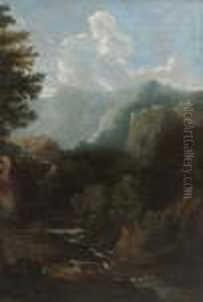 An Italianate Wooded River 
Landscape With Figures Resting On A Bank, A Classical Building Above A 
Waterfall Beyond Oil Painting by Gaspard Dughet Poussin