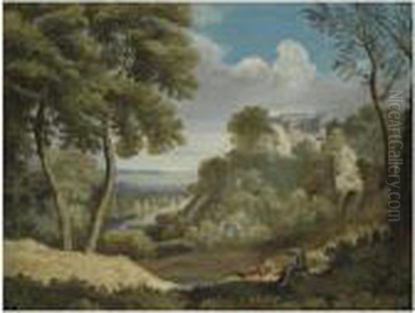 A Landscape With Two Figures In The Foreground And A Fortified Town Beyond Oil Painting by Gaspard Dughet Poussin