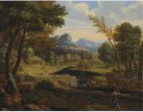 Figures In A Wooded Landscape Oil Painting by Gaspard Dughet Poussin