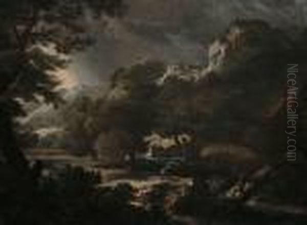 An Italianate Landscape With A Figure Sheltering From A Storm Oil Painting by Gaspard Dughet Poussin