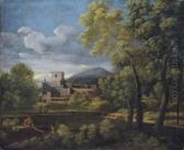 An Italianate Landscape With The
 Tomb Of The Vestale Cossinia On The Bank Of The Aniene River, Tivoli Oil Painting by Gaspard Dughet Poussin