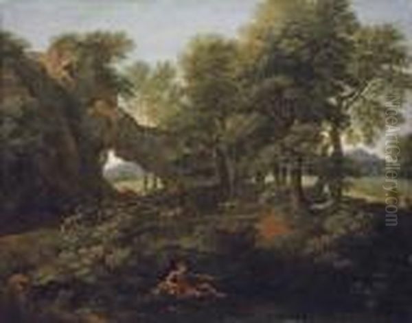 A Wooded Landscape With A 
Fisherman On The Bank And A Goat Herder And His Flock On A Path Beyond Oil Painting by Gaspard Dughet Poussin