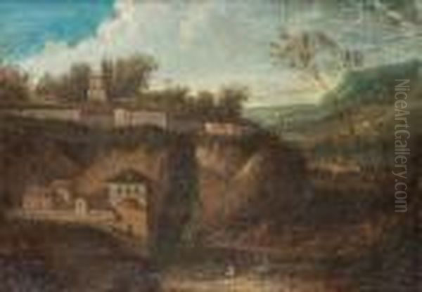 An Italianate Landscape With Figures Beside A Lake And A Hilltop Village Beyond Oil Painting by Gaspard Dughet Poussin