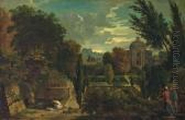 Mountainlandscape With Two Men Watching A Woman Bathing Oil Painting by Gaspard Dughet Poussin