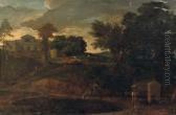 An Italianate Landscape With A Washerwoman Near A Lake, A Villa On A Hill Beyond Oil Painting by Gaspard Dughet Poussin