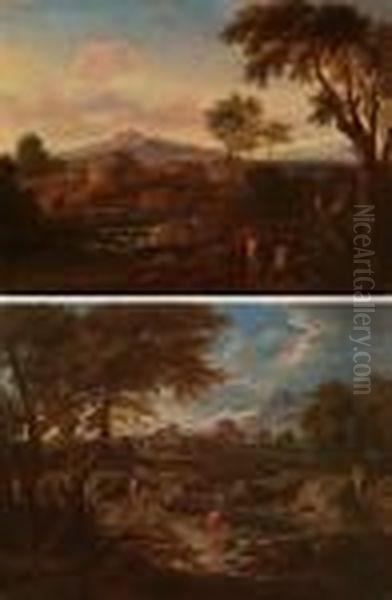 Paesaggio Con Grande Albero A Destra E Piccolo Borgo Oil Painting by Gaspard Dughet Poussin