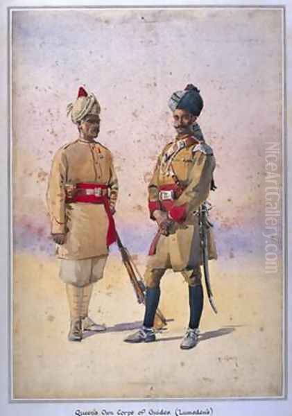 Soldiers of the Queens Own Corps of Guides Lumsdens Infantry Tanaoli Pathan Oil Painting by Alfred Crowdy Lovett