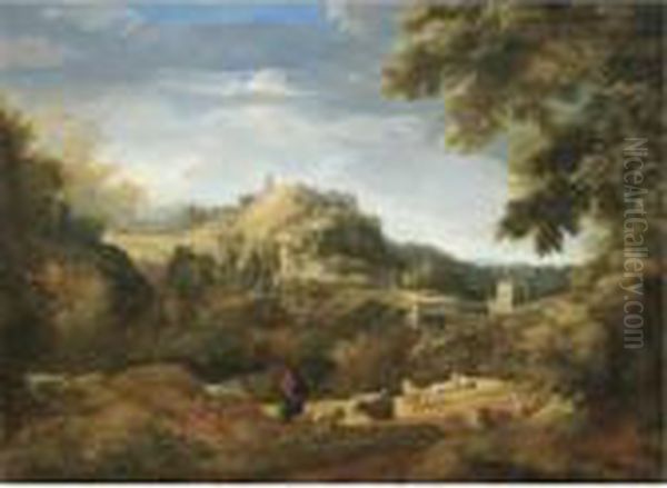 A View Of Tivoli With Shepherds Resting With Their Flock In The Foreground Oil Painting by Gaspard Dughet Poussin