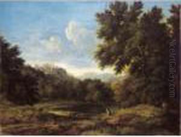 An Italianate Landscape With 
Figures Resting Near A Pond, A Fortified Hilltop Town Beyond Oil Painting by Gaspard Dughet Poussin