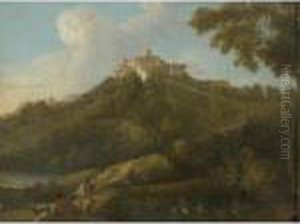 A View Of The Roman Campagna 
With Shepherds In The Foreground And A Palazzo And A Church On A Hilltop
 Beyond Oil Painting by Gaspard Dughet Poussin