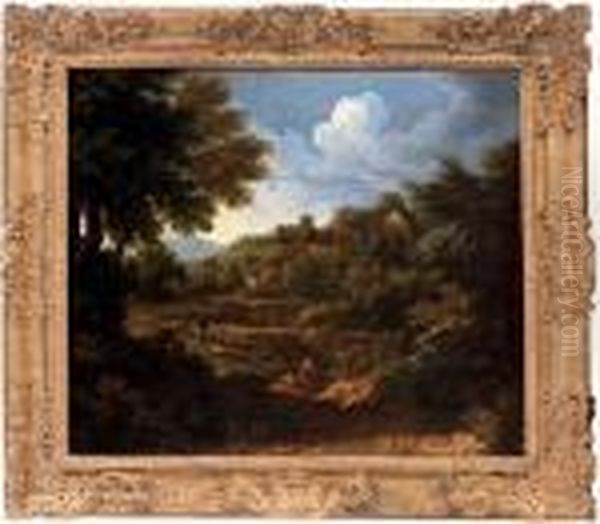 A Wooded Landscape With Figures By A River Oil Painting by Gaspard Dughet Poussin