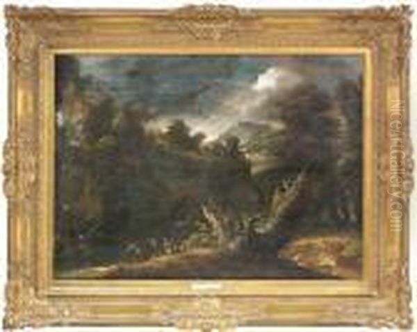 An Arcadian Landscape With Fishermen And A Temple In The Background Oil Painting by Gaspard Dughet Poussin