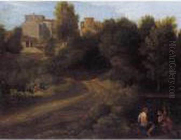 A Classical Landscape With Figures Near A Bridge Leading To A Village Oil Painting by Gaspard Dughet Poussin