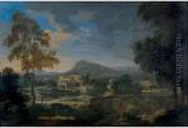 Landscape With Fort And Figures In The Foreground By A Stream Oil Painting by Gaspard Dughet Poussin