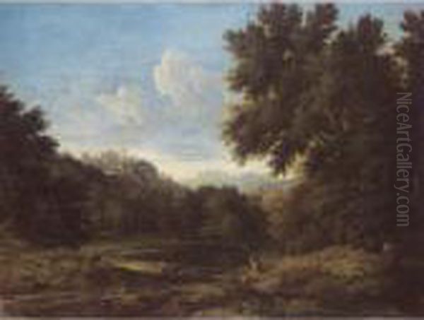 An Italianate Landscape With 
Figures Resting Near A Pond, A Fortified Hilltop Town Beyond Oil Painting by Gaspard Dughet Poussin