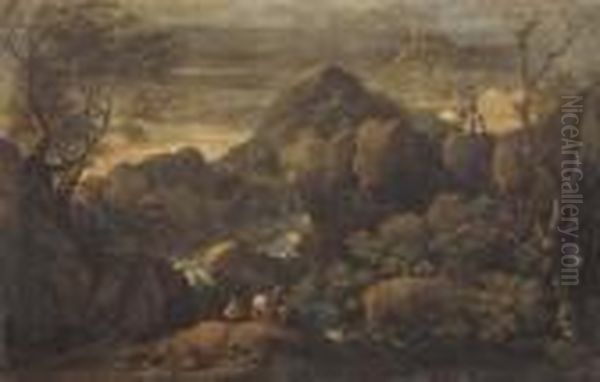 Due Figure Nei Pressi Di Un Torrente In Un Paesaggio Roccioso Oil Painting by Gaspard Dughet Poussin