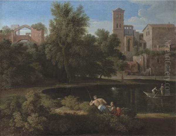 A Classical Landscape With Figures Resting By A Lake Oil Painting by Gaspard Dughet Poussin