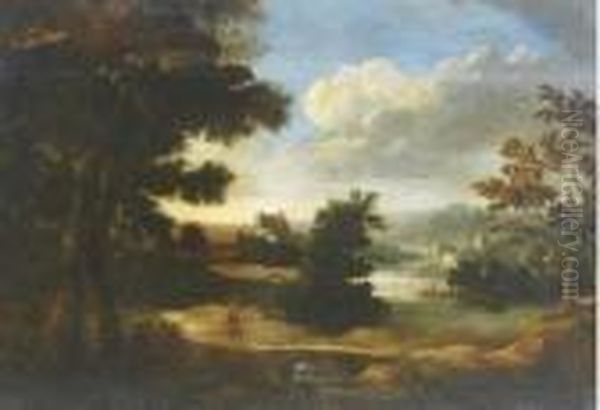 A River Landscape With A Figure And A Fortress Beyond Oil Painting by Gaspard Dughet Poussin