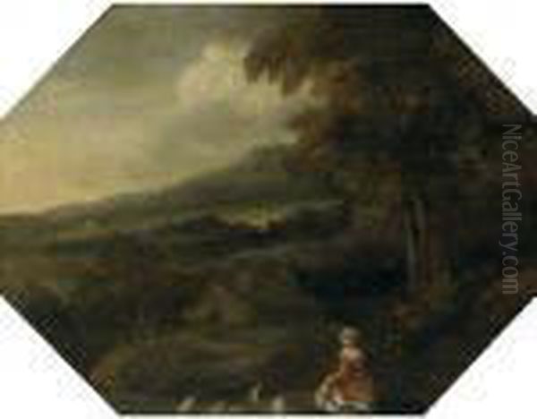 Extensive Classical Landscape, A
 Shepherdess And Her Flock In The Foreground And Mountains In The 
Distance Oil Painting by Gaspard Dughet Poussin