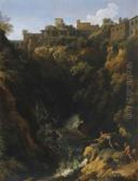 Borgo Laziale Con Cascata Oil Painting by Gaspard Dughet Poussin