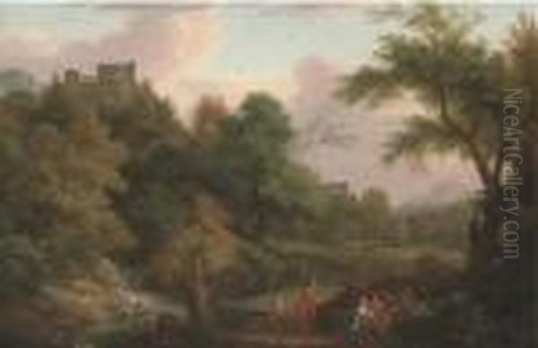 An Italianate Wooded Landscape, With Figures By A Stream Andbuildings Beyond Oil Painting by Gaspard Dughet Poussin