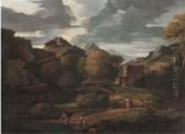 An Italianate Landscape With Figures On A Path, Classical Buildingsbeyond Oil Painting by Gaspard Dughet Poussin