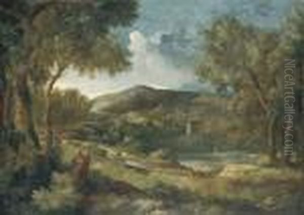 An Italianate River Landscape With A Shepherd And His Flock Oil Painting by Gaspard Dughet Poussin