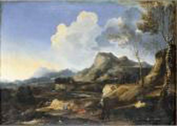 An Italianate Landscape With A 
River And Rustic Buildings, Classical Figures And Travellers In The 
Foreground Oil Painting by Gaspard Dughet Poussin