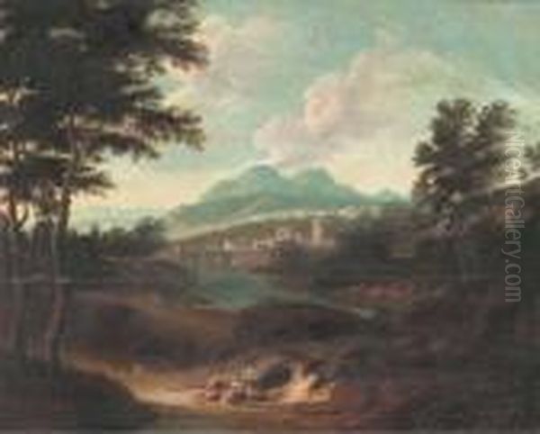 A Wooded River Landscape With Figures Resting On A Track Oil Painting by Gaspard Dughet Poussin