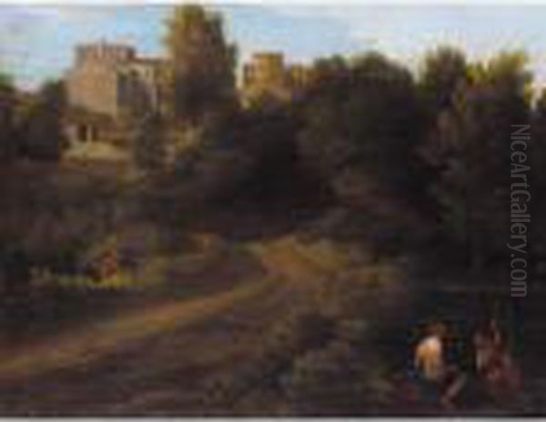 A Classical Landscape With Figures Near A Bridge Leading To A Village Oil Painting by Gaspard Dughet Poussin