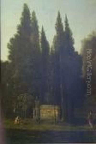 Woodland Clearing With Figures Adorning A Tomb With Flower Garlands Oil Painting by Gaspard Dughet Poussin