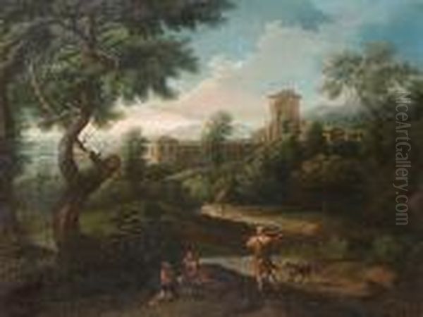 An Arcadian Landscape With Travellers On A Path, A Walled Village Beyond Oil Painting by Gaspard Dughet Poussin