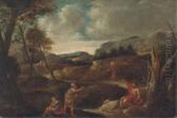 Christ And Saint John The Baptist In A Landscape With Otherfigures Oil Painting by Gaspard Dughet Poussin