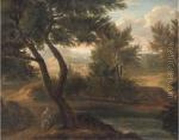 A River Landscape With A Figure In The Foreground, A Fortified Townbeyond Oil Painting by Gaspard Dughet Poussin