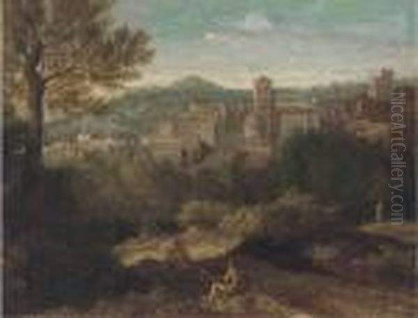 A Landscape With Figures At Rest On A Track, A Town Beyond Oil Painting by Gaspard Dughet Poussin