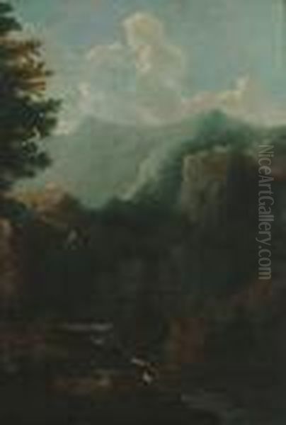 A Classical Landscape With Figures Beside A River Oil Painting by Gaspard Dughet Poussin