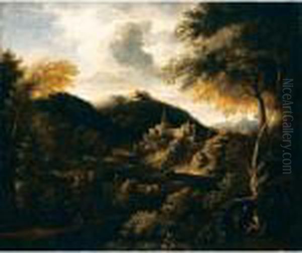 Paesaggio Boschivo Con Figure E Rocca In Lontananza Oil Painting by Gaspard Dughet Poussin