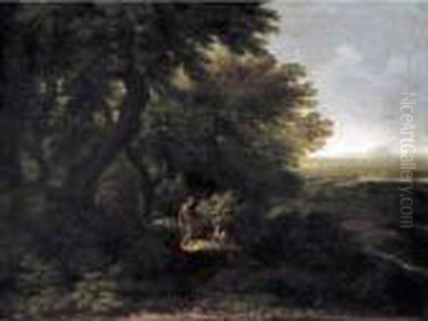 A Wooded Landscape With Two Figures Oil Painting by Gaspard Dughet Poussin