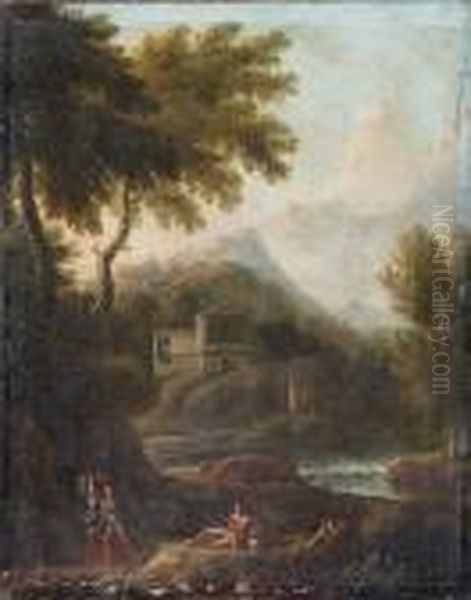 An Arcadian Landscape With Travellers On A Path, A Waterfall Beyond Oil Painting by Gaspard Dughet Poussin