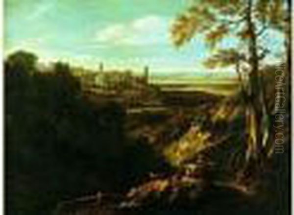 Village Fortifie Dans Un Paysage Panoramique Oil Painting by Gaspard Dughet Poussin