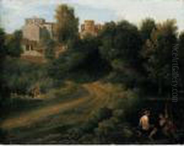 Classical Landscape With Figures Near A Bridge Leading To A Village Oil Painting by Gaspard Dughet Poussin