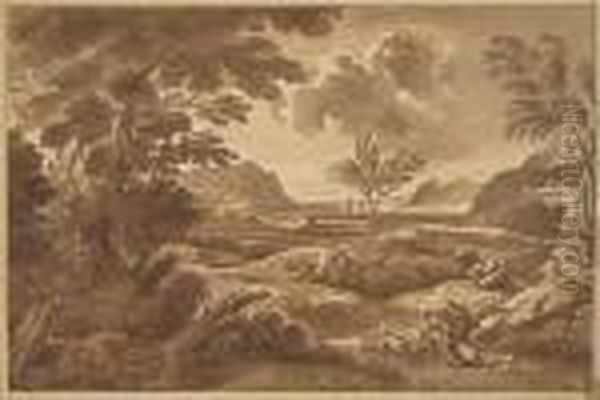 An Italianate Landscape With Two Peasants Tending A Herd Ofgoats Oil Painting by Gaspard Dughet Poussin