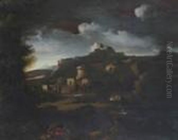 Paesaggio Fluviale Con Ruderi E Pastore Oil Painting by Gaspard Dughet Poussin