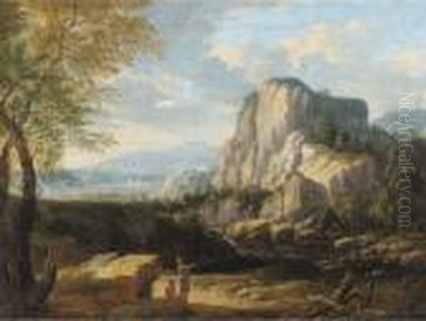 An Italianate Landscape With Travellers At Halt By A River Oil Painting by Gaspard Dughet Poussin