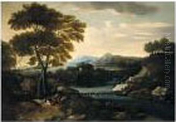 Classical Landscape With A 
Shepherd Minding His Flock Beside A River, With A Villa Beyond Oil Painting by Gaspard Dughet Poussin