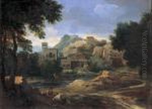 Paesaggio Fluviale Con Architetture E Figure Oil Painting by Gaspard Dughet Poussin