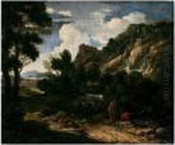 A Classical Landscape With Figures Resting In The Foreground, A Town In The Distance Oil Painting by Gaspard Dughet Poussin