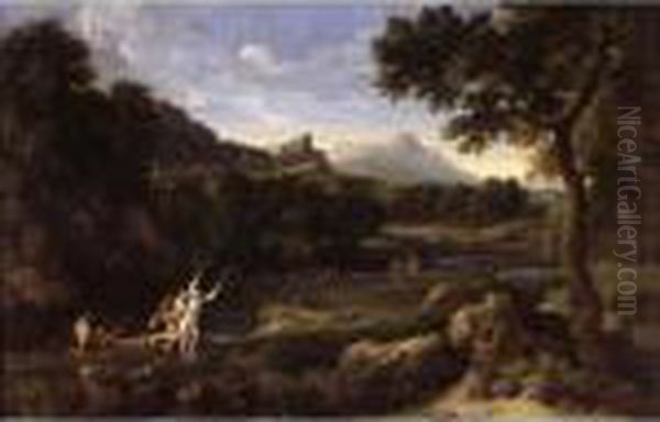 A Wooded Landscape With Apollo And Daphne Observed By Peneus Oil Painting by Gaspard Dughet Poussin