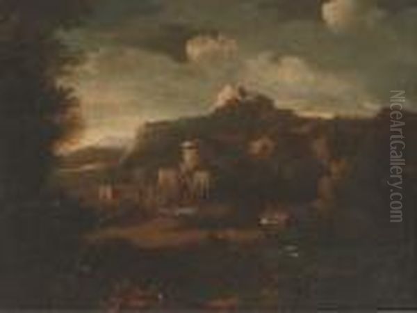 A Classical Landscape With A Figure And Dog Resting On Atrack Oil Painting by Gaspard Dughet Poussin